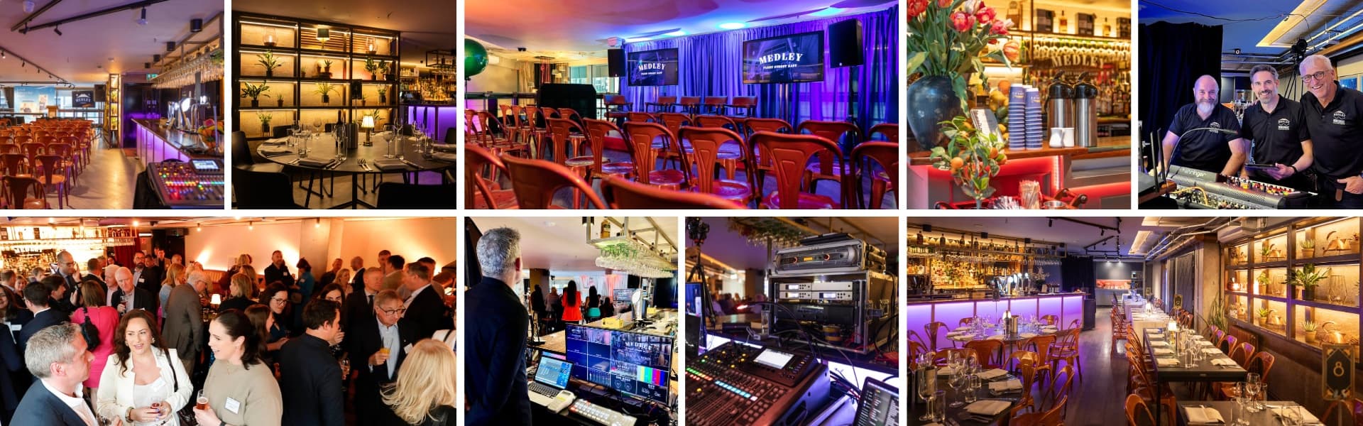Large corporate conference auditorium lit by dramatic blue stage lighting