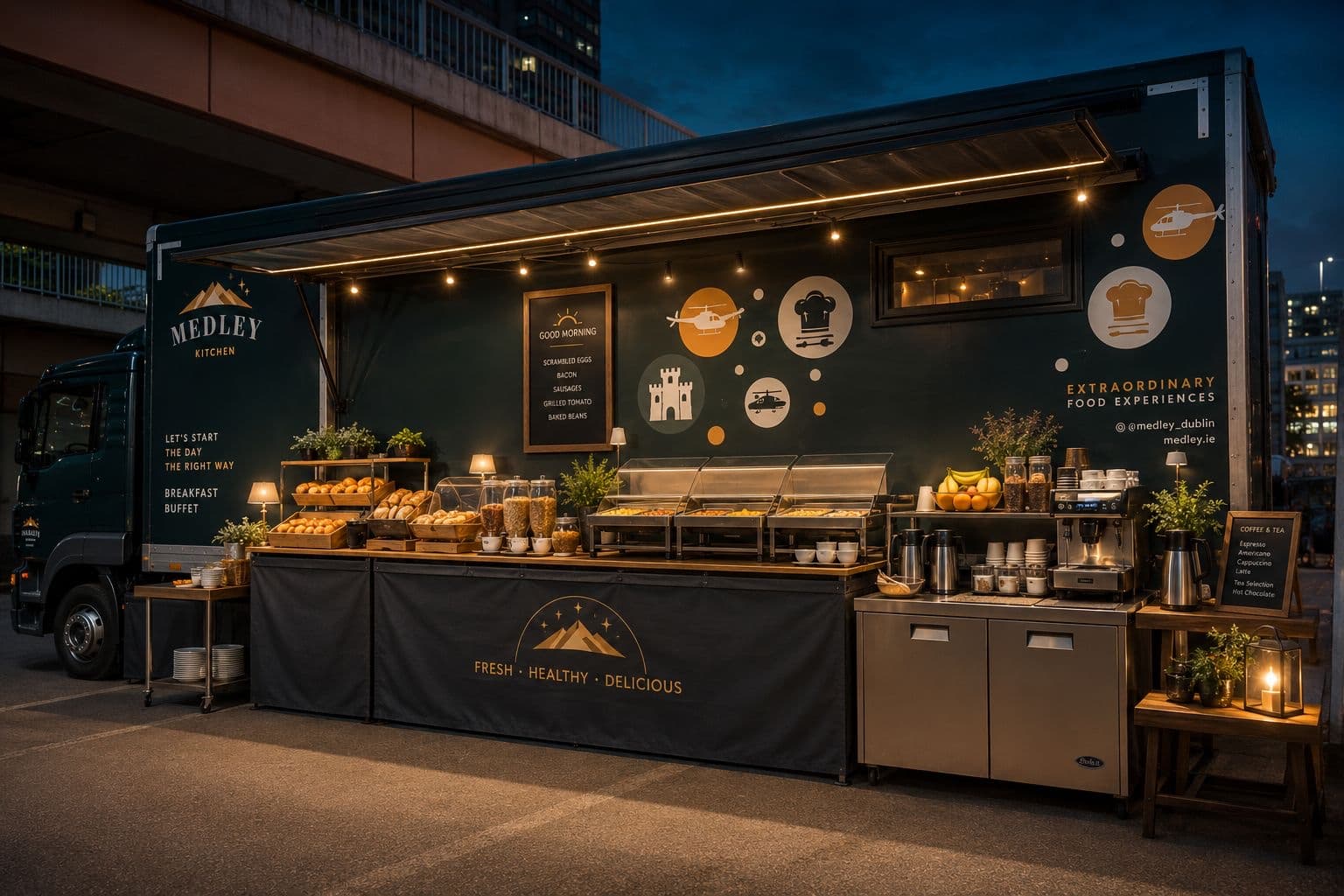 Medley mobile production kitchen dressed for breakfast service at a location shoot at dusk