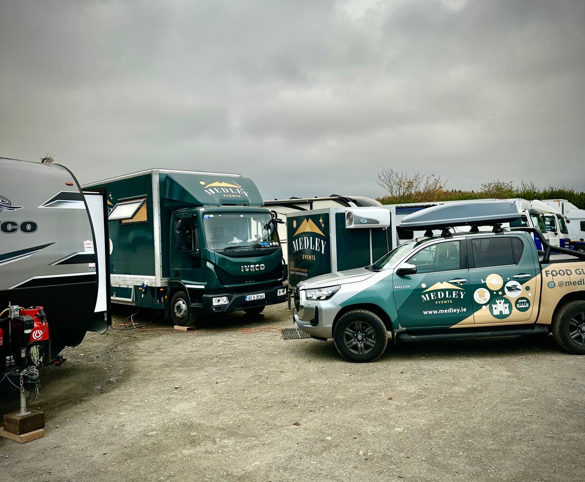 Medley film and TV production catering vehicles parked on a unit base