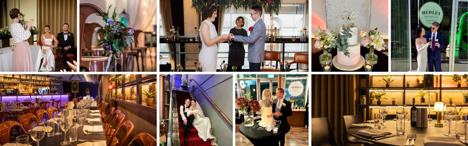 Candlelit wedding reception with floral runner and crossback chairs in a warm brick venue